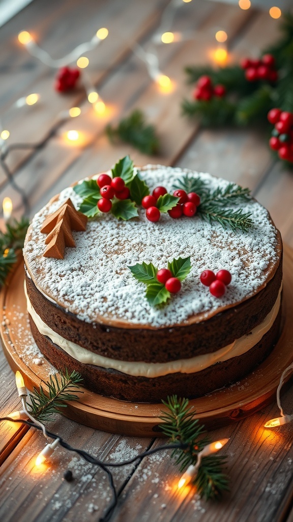 A festive Christmas cake decorated with holly and berries on a wooden table with holiday decorations.